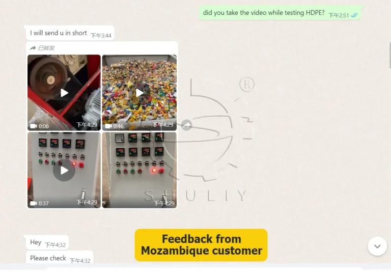 Comentarios de clientes: Granulador de reciclaje de plástico en Mozambique